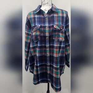 BKE Womens Boyfriend Brushed Knit Flannel Button Up Shirt Size M Plaid Navy Aqua